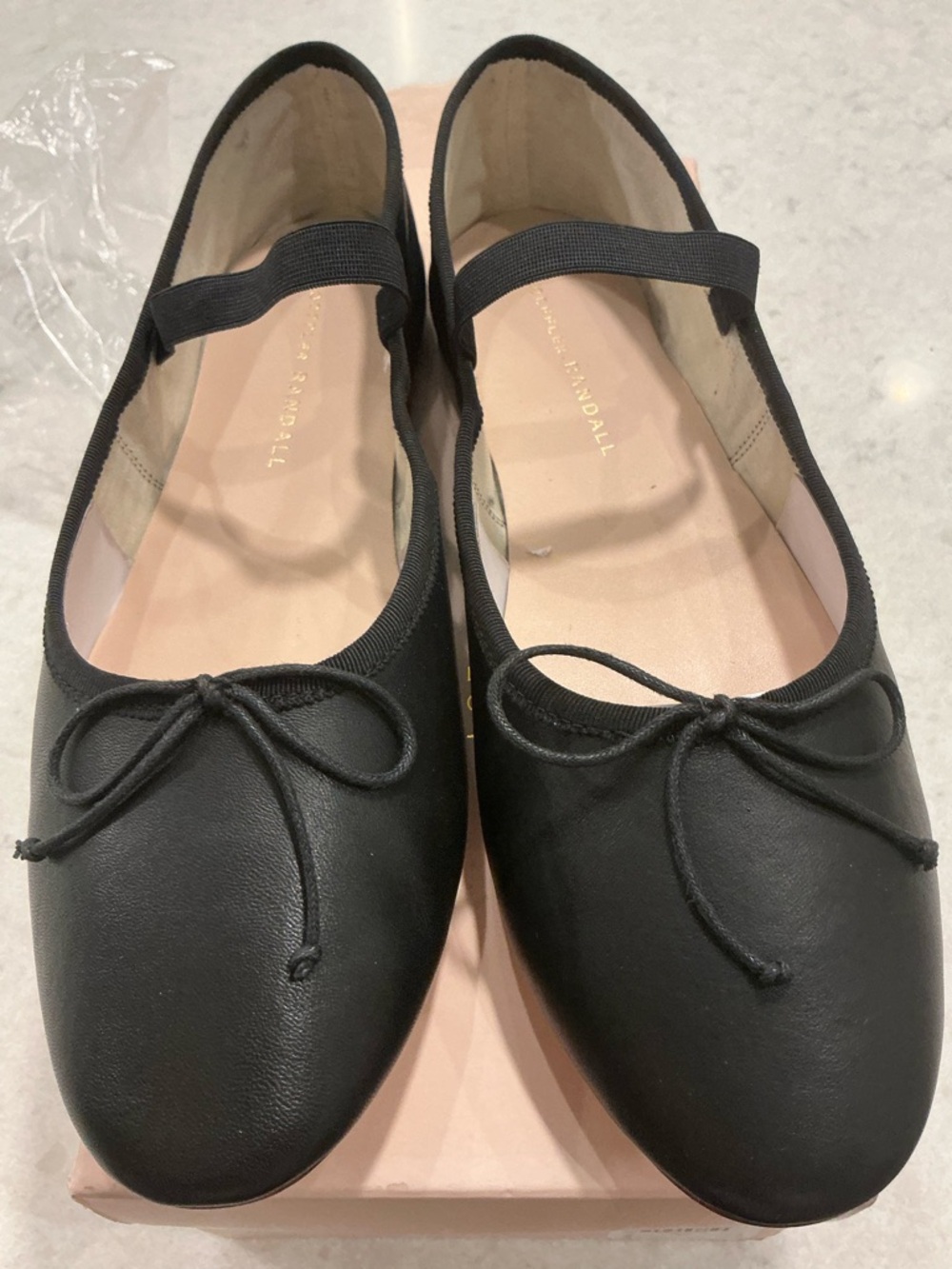 Loeffler Randall Black Leather Ballet Flats with Ankle Strap and Bow